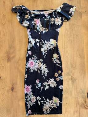Another Story Black Floral Off-The-Shoulder Ruffle Midi Dress Size XS